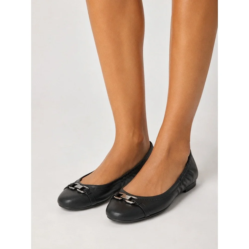 Ralph Lauren Jayna Black Leather Ballet Flats Silver Logo Buckle 7.5 B